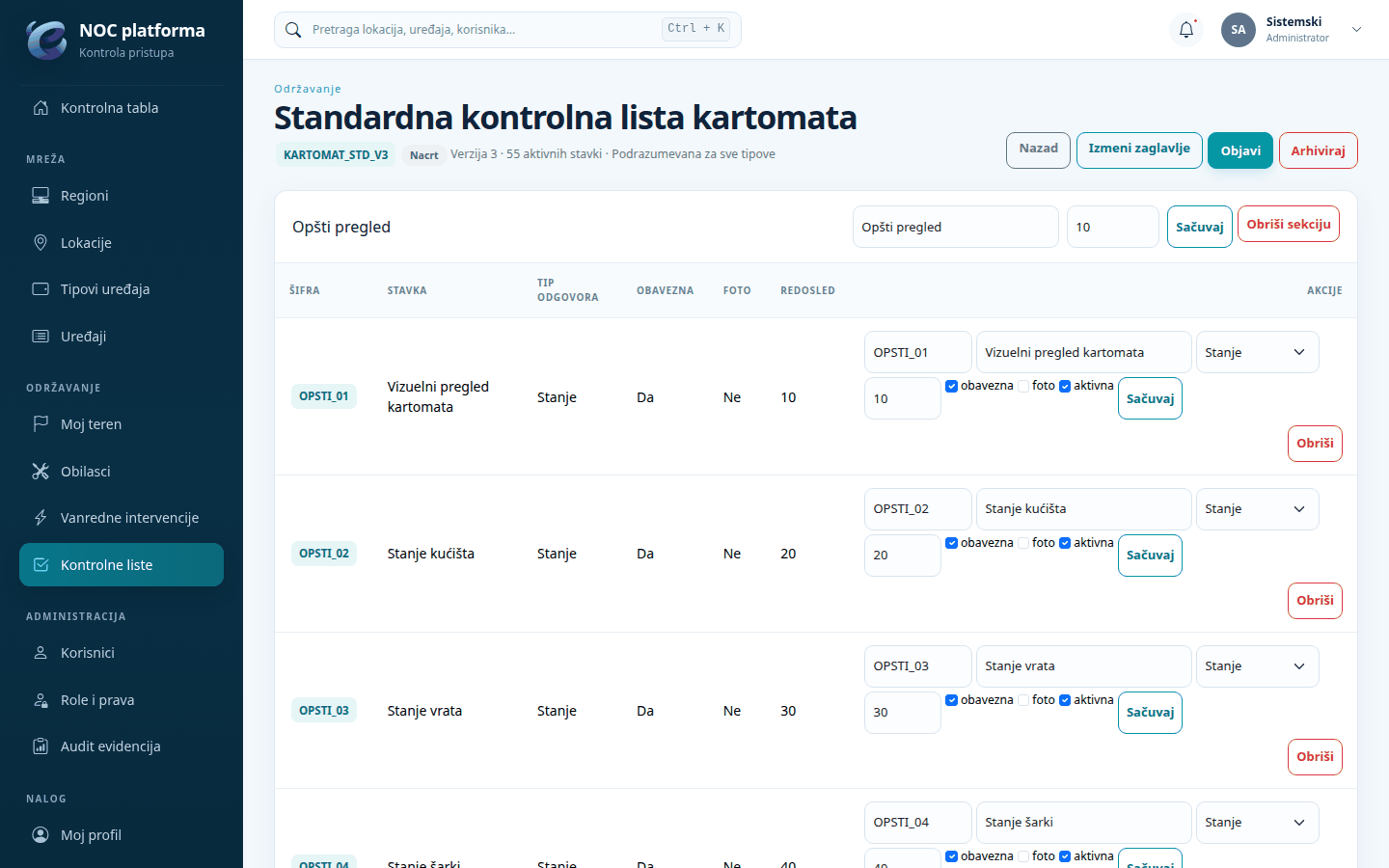 Lista u nacrtu, sa izmenom sekcija i stavki