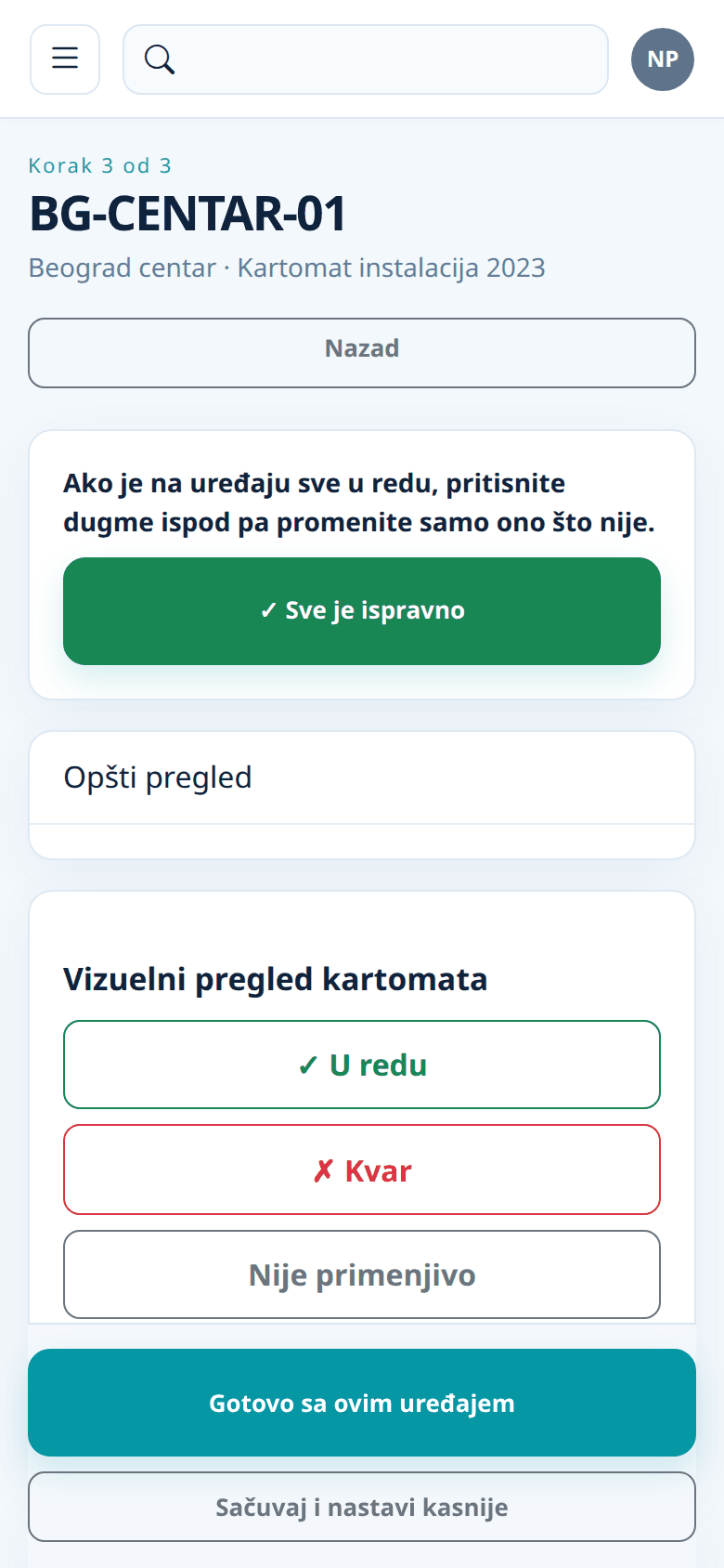Vrh kontrolne liste sa dugmetom „Sve je ispravno“