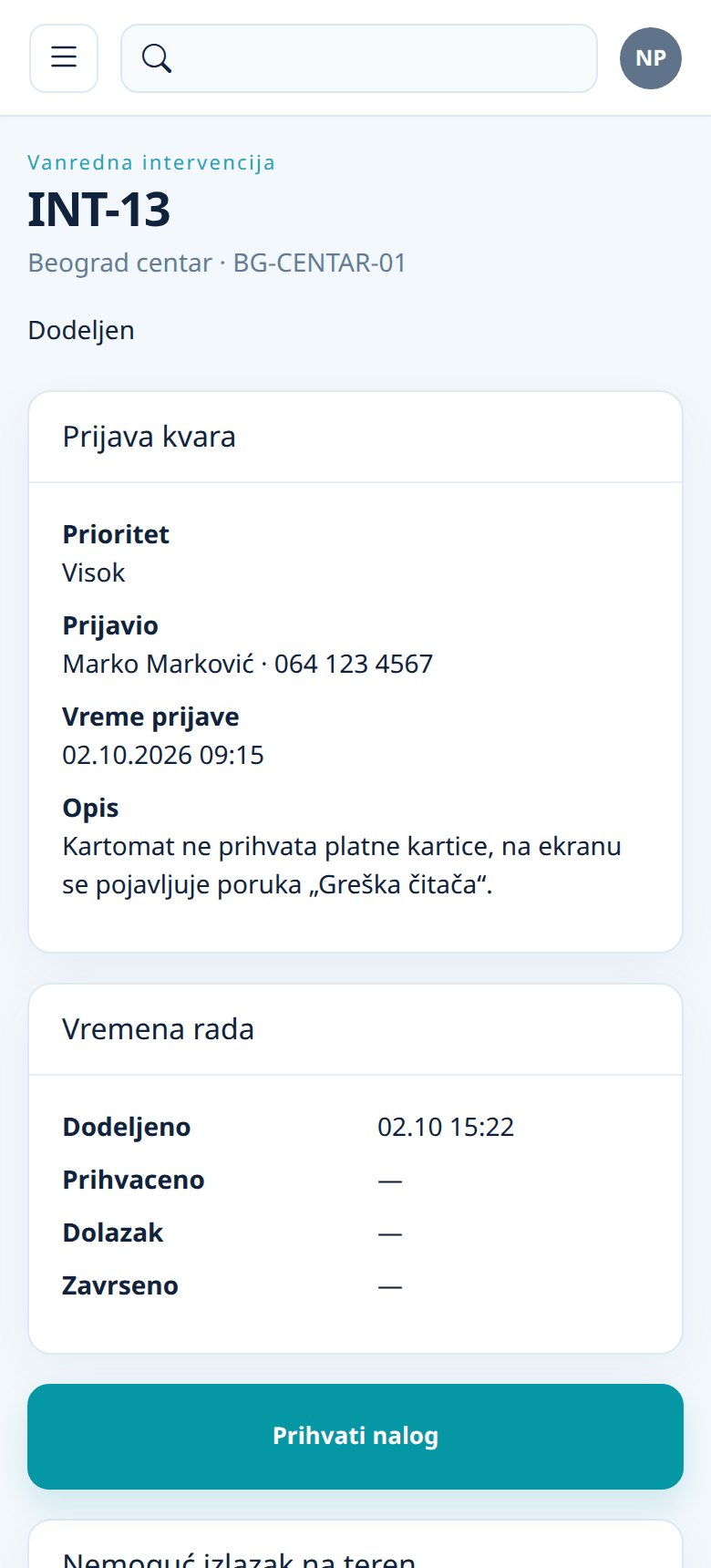 Dodeljena intervencija sa dugmetom „Prihvati nalog“