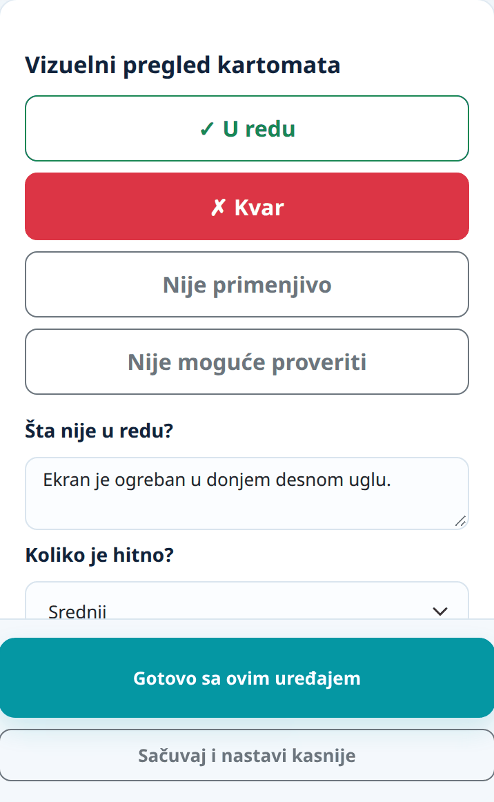 Stavka označena kao kvar, sa opisom, hitnošću i predlogom