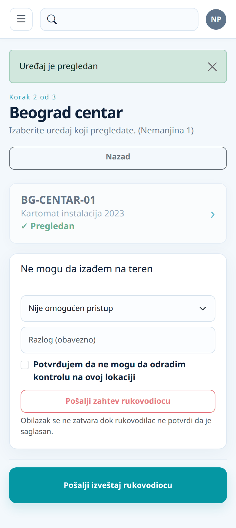 Svi uređaji pregledani: pojavljuje se dugme za slanje izveštaja