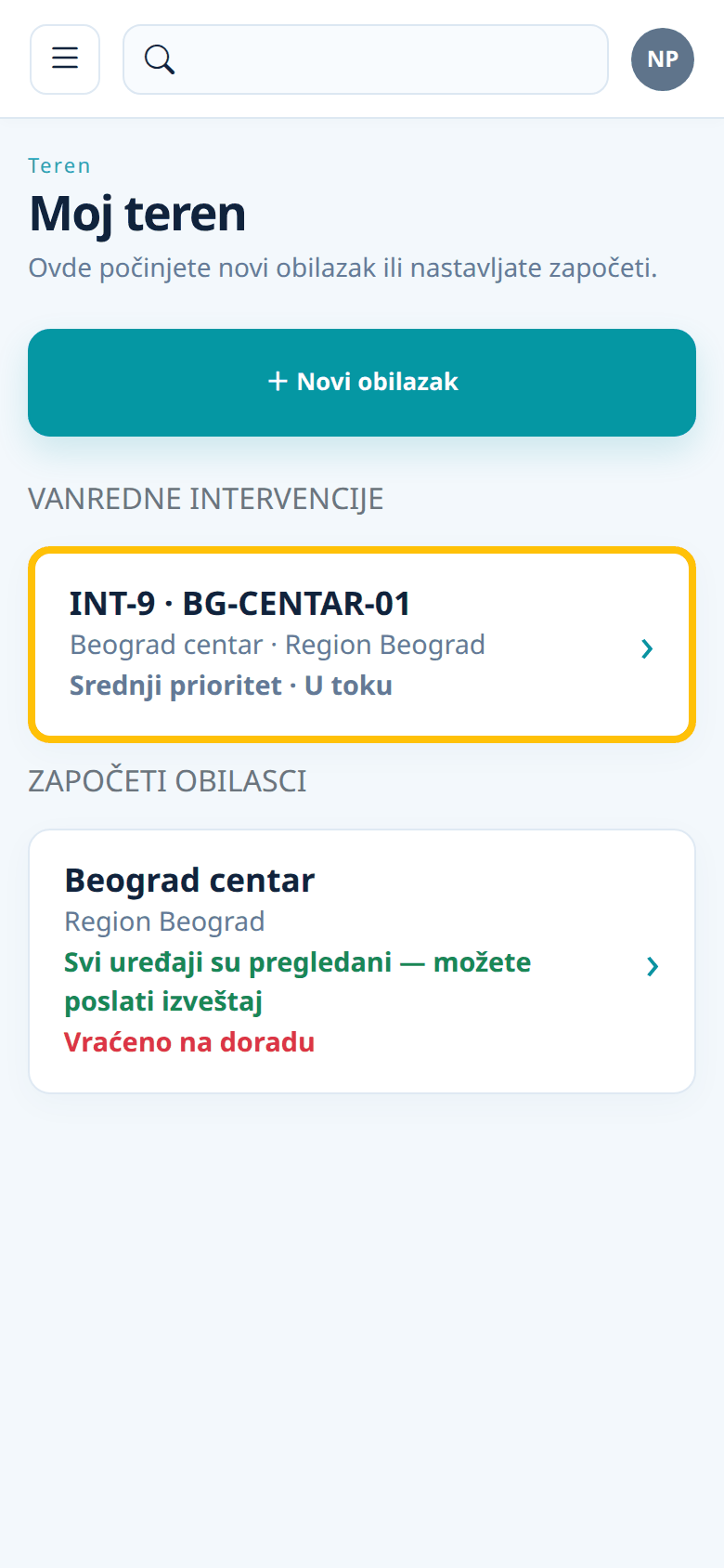 Obilazak vraćen na doradu na ekranu Moj teren