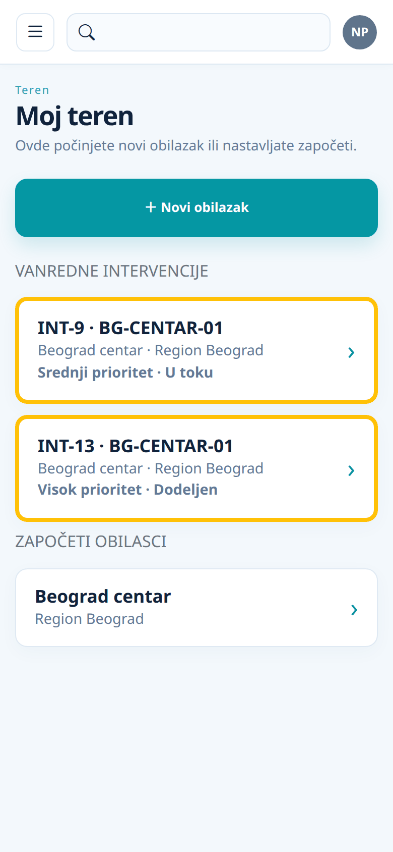 Moj teren: intervencije i započeti obilasci